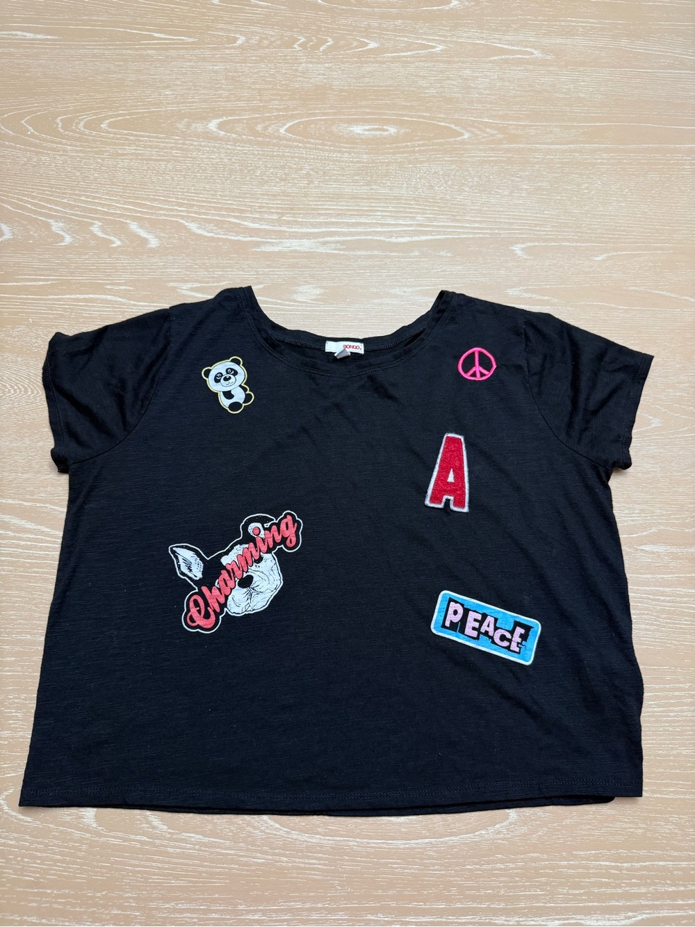 BONGO Black Short-Sleeve Patchwork Tee with Colorful Patches